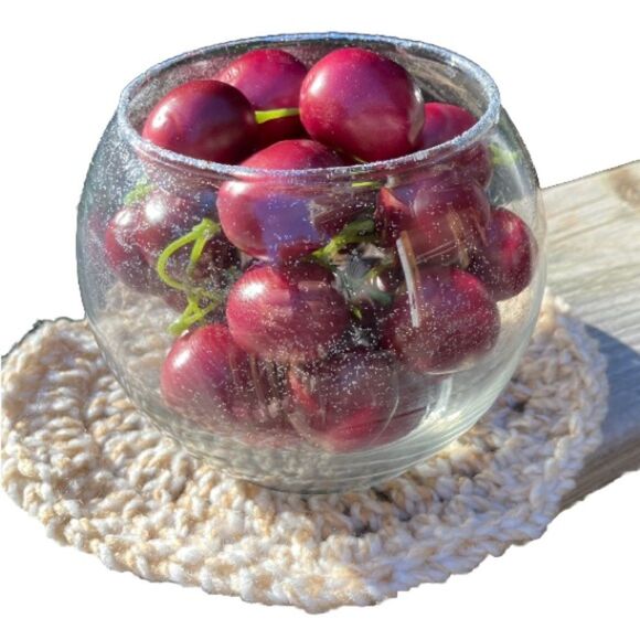 BOWL of CHERRIES Green Stems Glass Bowl Centerpiece Fruit Decor  Rim 4.5 in - Picture 1 of 12